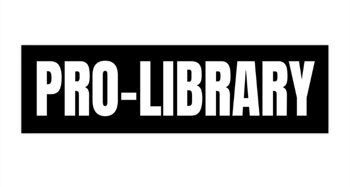 image of a black sticker with the word "pro library" on it.