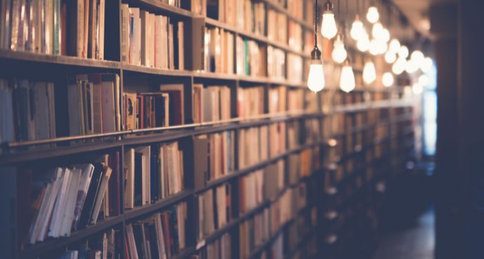 library shelves in dim light with pendant light hanging overhead