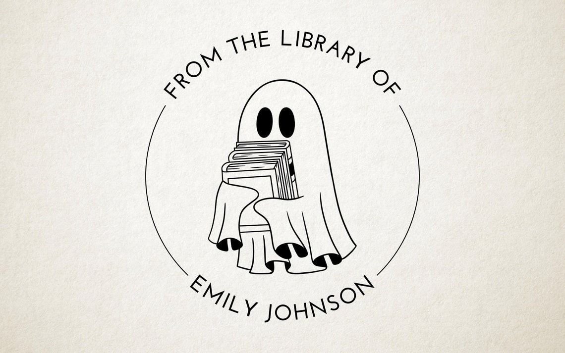 an embosser of a ghost carrying a stack of books with the text From the library of Emily Johnson