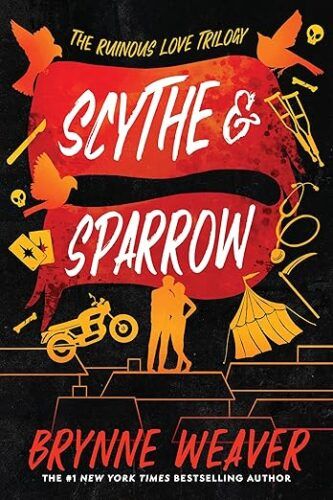 Scythe & Sparrow by Brynne Weaver; a red banner with the title in white font and gold designs around it featuring details from the book